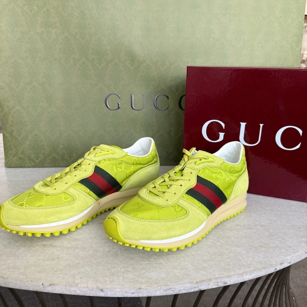 GUCCI 832461 Men's Canvas Green GG Re-Motion sneaker,‎ Size 9